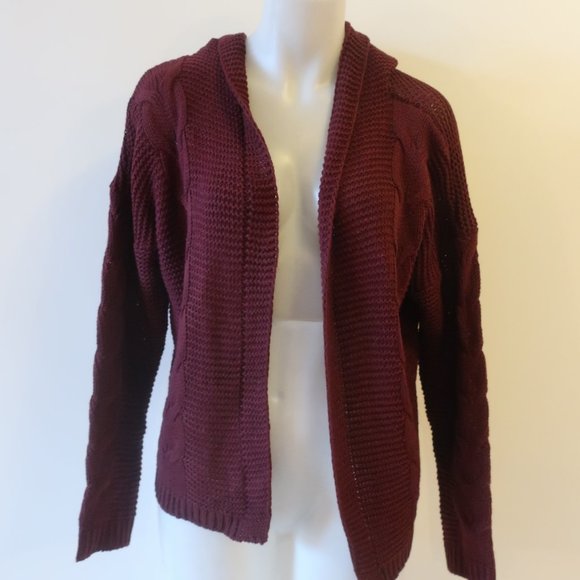 MACYS BURGUNDY OPEN KNIT HOODED CARDIGAN SWEATER SZ S* - Picture 4 of 6